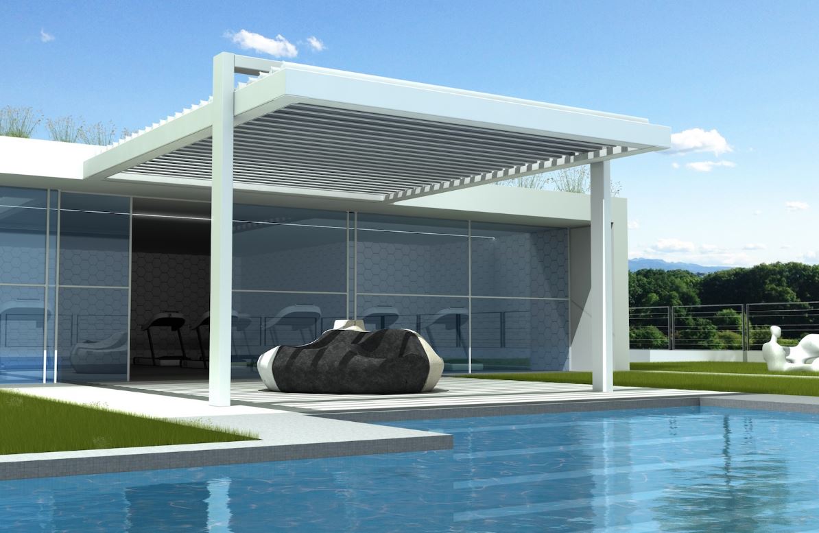 PERGOLA BIOCLIMATICA A LAMELLE ORIENTABILI ADDOSSATA PERGOKLIMA R612